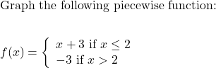 \begin{aligned}&\text{Graph the following piecewise function: }\\\\&f(x)=\left\{\begin{array}{l}x+3 \text { if } x \leq 2 \\-3 \text { if } x>2\end{array}\right.\end{aligned}