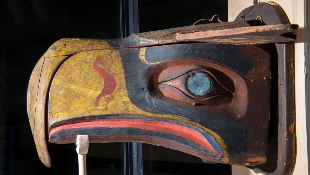 A photo of a seahawk mask at UMaine's Hudson Museum